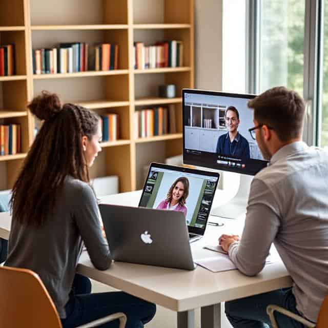 Two professionals having a virtual meeting in a modern office setting.