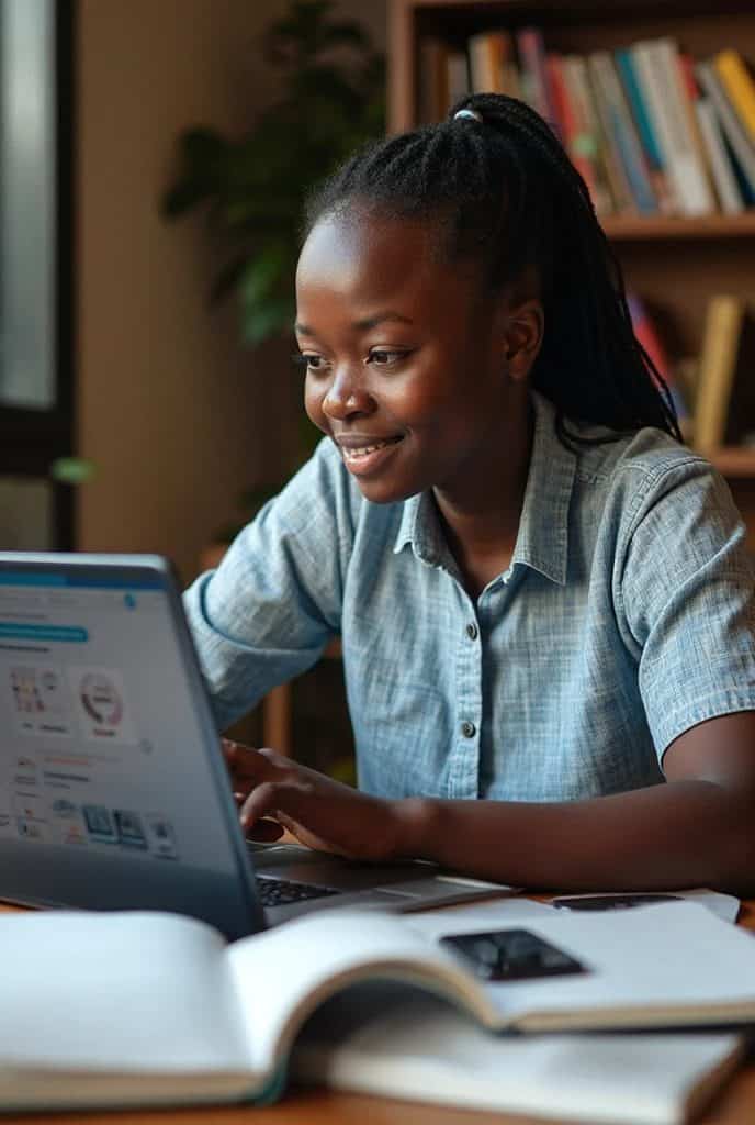 Young woman working on laptop at desk with books, smiling, in a cozy library setting.