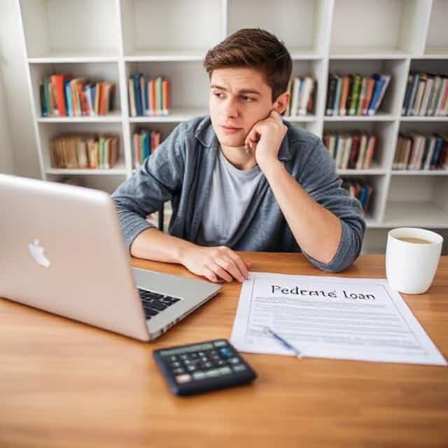 Young man reviewing federal loan documents while using a laptop at home.