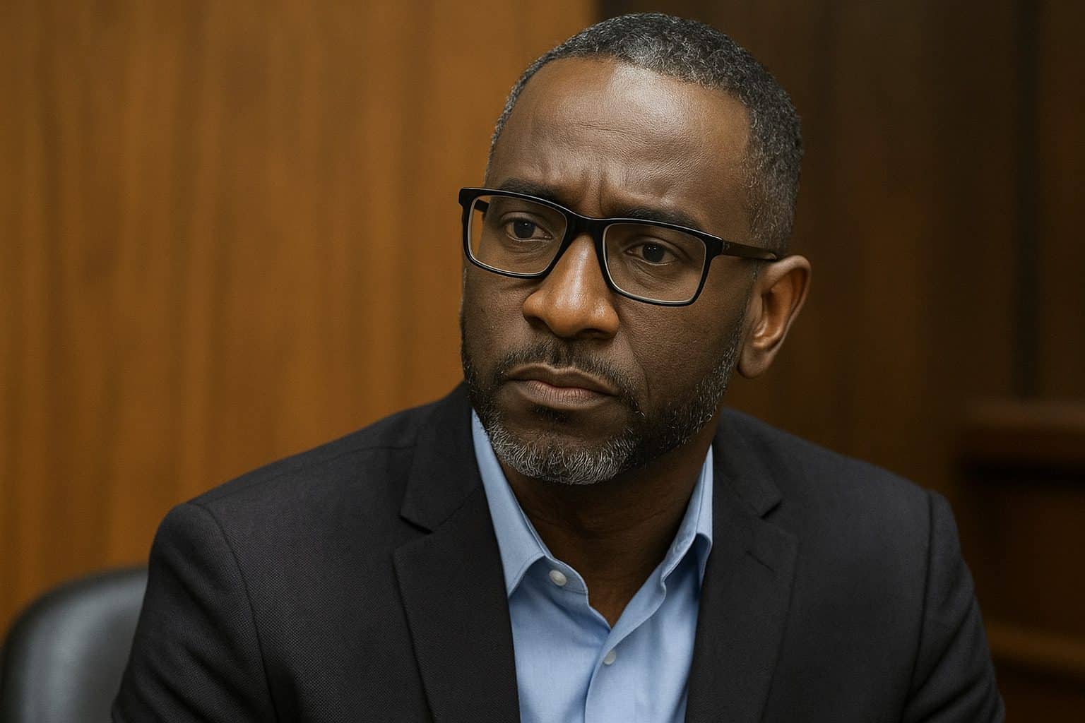 Professional man in glasses and suit during a formal meeting or interview.