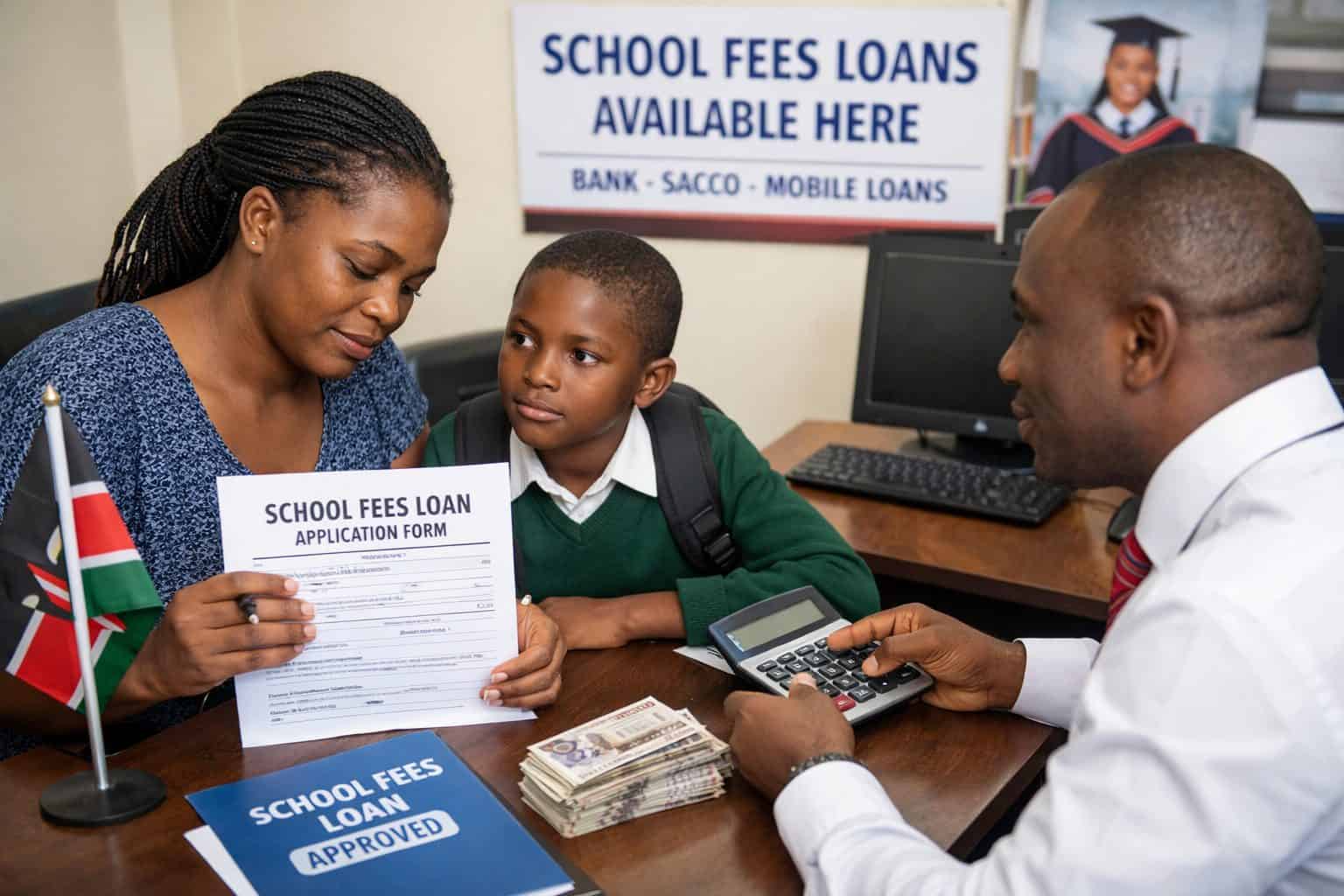 A woman and a young boy applying for a school fees loan with a bank officer in an office setting.