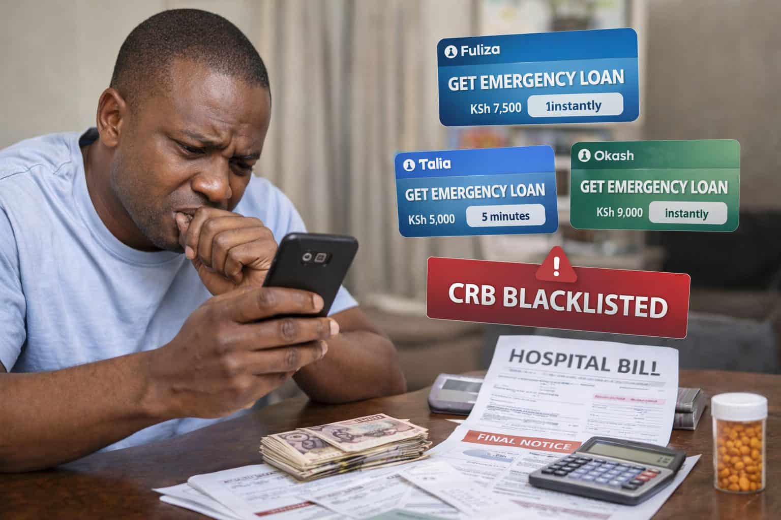 Emergency loan options and a CRB blacklist warning displayed on a man's phone in a financial stress.