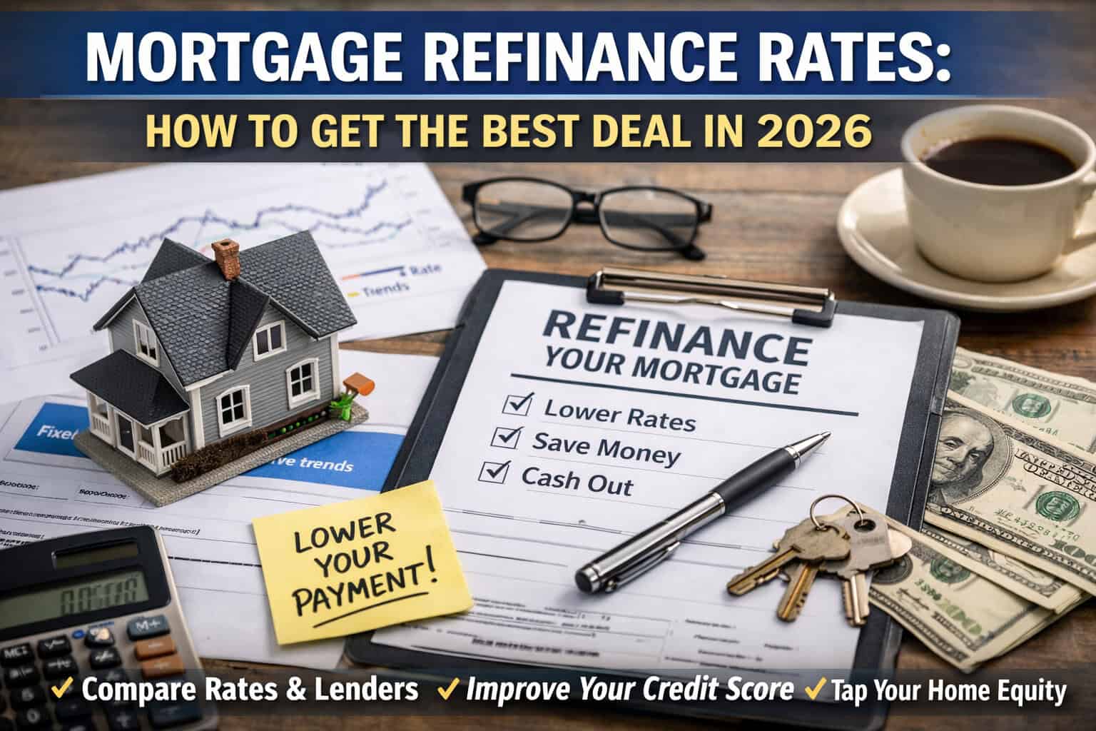 Mortgage refinancing rates and tips for 2026 with house model and financial documents.