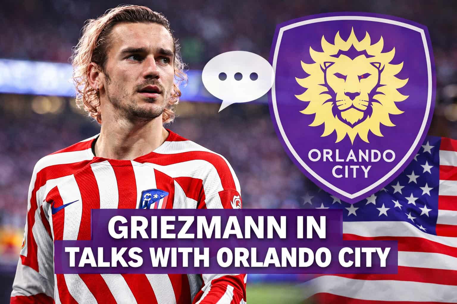A talented soccer player in a red and white striped jersey with a speech bubble, Orlando City logo,.