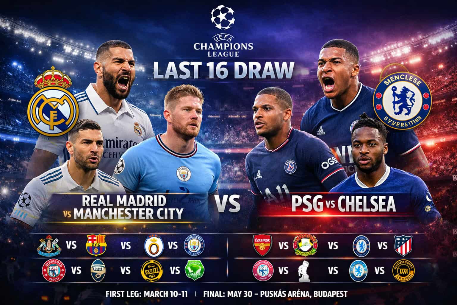 Real Madrid vs Manchester City and PSG vs Chelsea UEFA Champions League last 16 draw.
