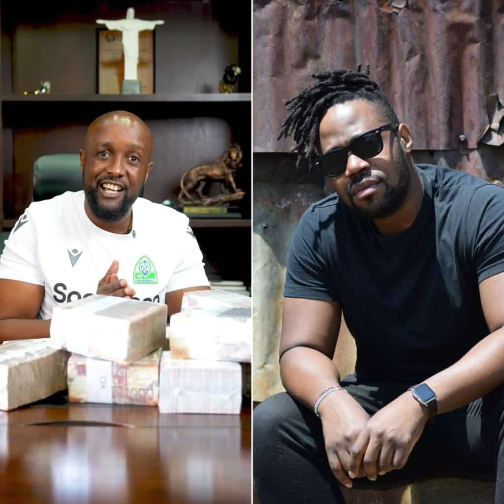 Businessman with cash on desk, young man in sunglasses outdoors, KWETU NEWS feature.