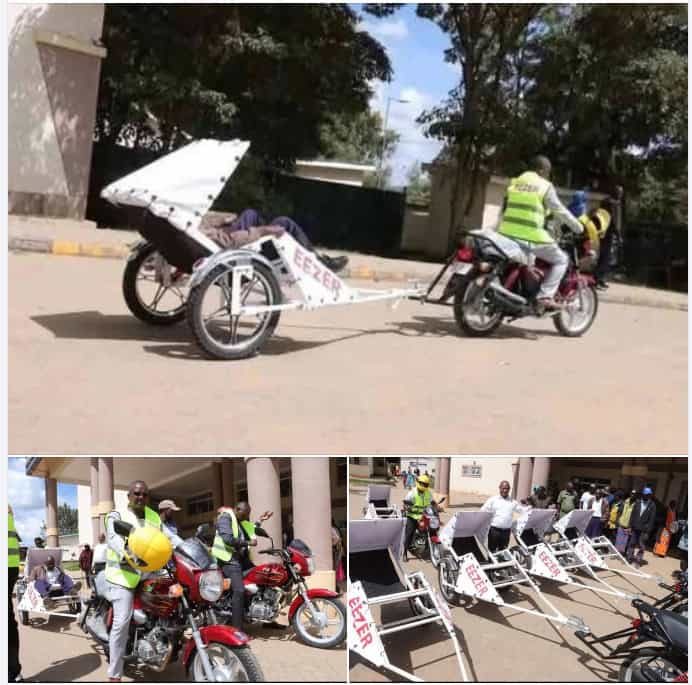 Electric motorcycle with sidecar for medical transport in Kenya.