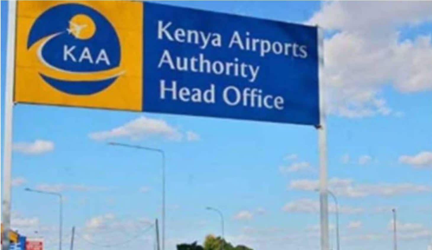 Kenya Airports Authority Head Office sign at the airport entrance.