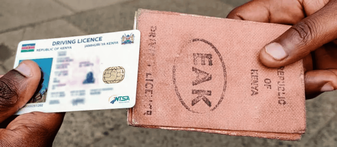 Close-up of a person holding a Kenyan driving license and passport for travel documentation.