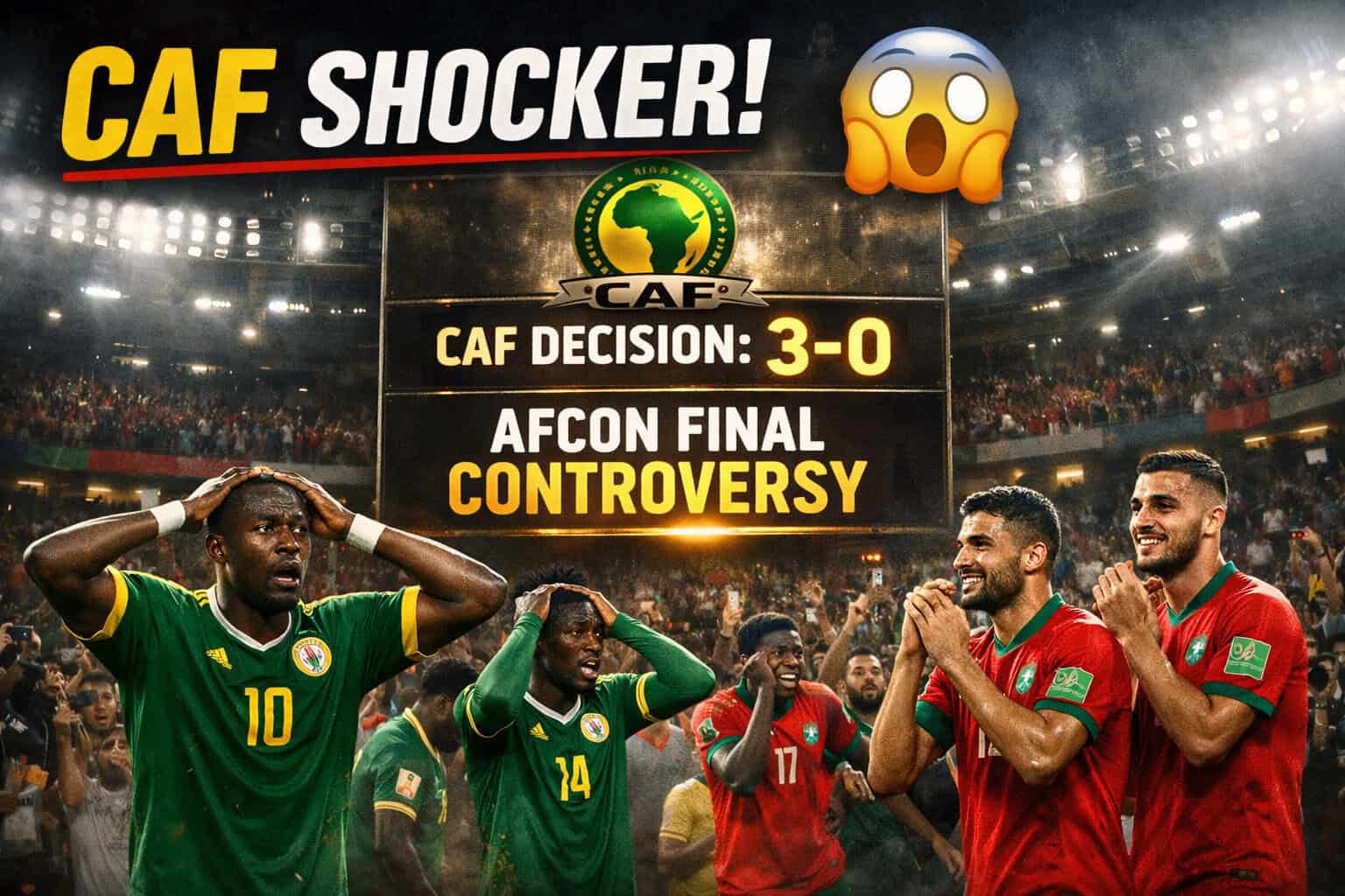 Senegalese players react after CAF decision of 3-0 loss in AFCON final controversy.