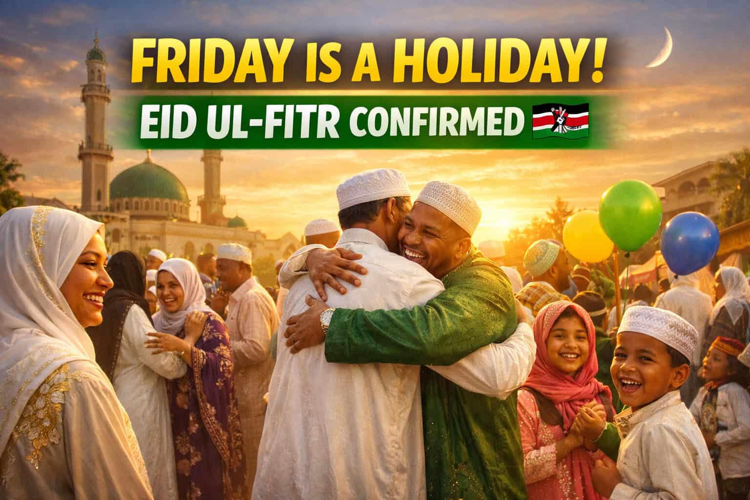 Eid ul-Fitr celebration with joyful people embracing outdoors at sunset.