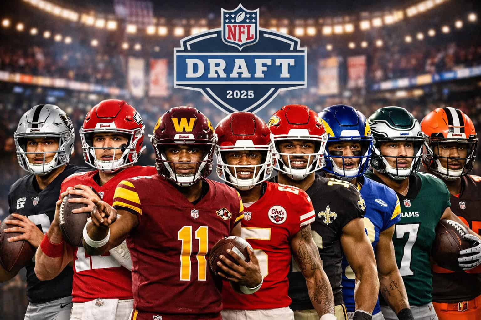 NFL Draft 2025 featuring diverse football players in team uniforms on the field.