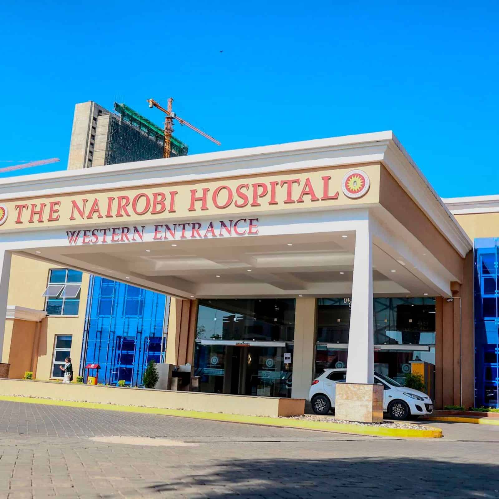 Nairobi Hospital Western Entrance with modern architecture and clear signage.