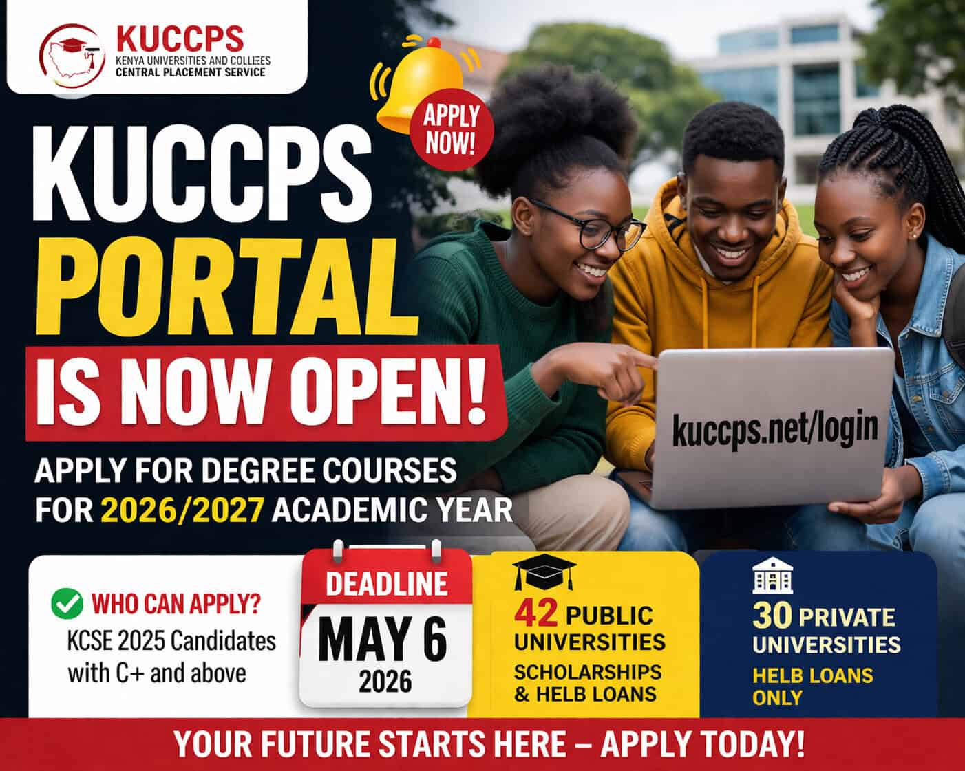 Affordable KUCCPS portal now open for 2026/2027 degree course applications. Apply before May 6, 2026.